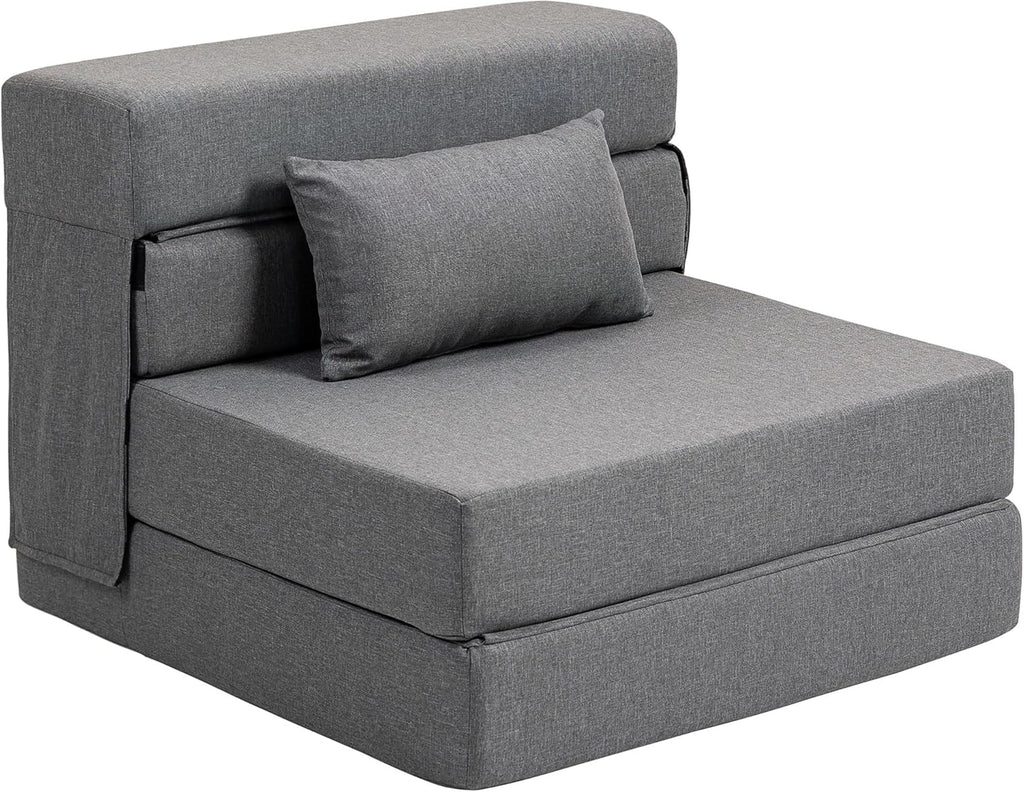 HOMCOM Fauteuil Convertible 1 Place 3 en 1, Fauteuil lit Pliant, chauffeuse 1 Place en Lin avec Large Assise, Coussin Inclus, Matelas Pliable 210 cm pour invités, Salon, Petit Espace, Gris