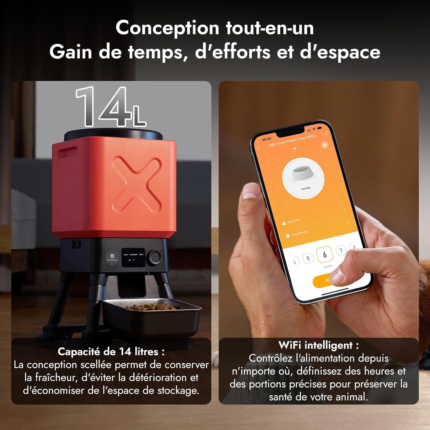Molly&Cody Distributeur Automatique Croquette, 14L Grande Capacité Alimentateur Intelligent pour Animaux, 2,4G WiFi APP- Contrôle Dosage Personnalisable, Acier Inoxydable Idéal pour Les Grands Chiens