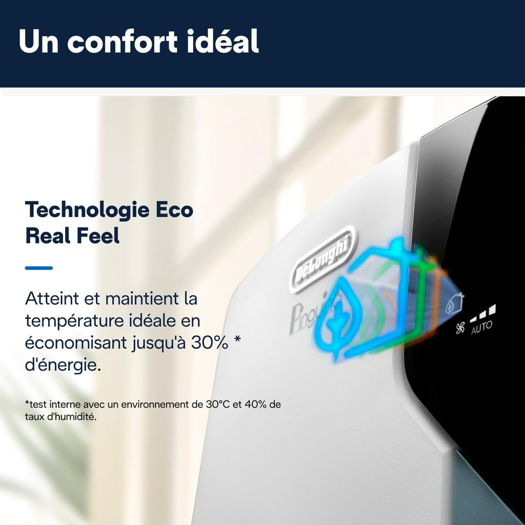 De'Longhi Pinguino PAC EX105 Climatiseur mobile avec technologie EcoRealFeel 10 000 BTU/h, pour pièces jusqu'à 100 m³, fonction déshumidification et ventilation, minuterie 24 heures, classe