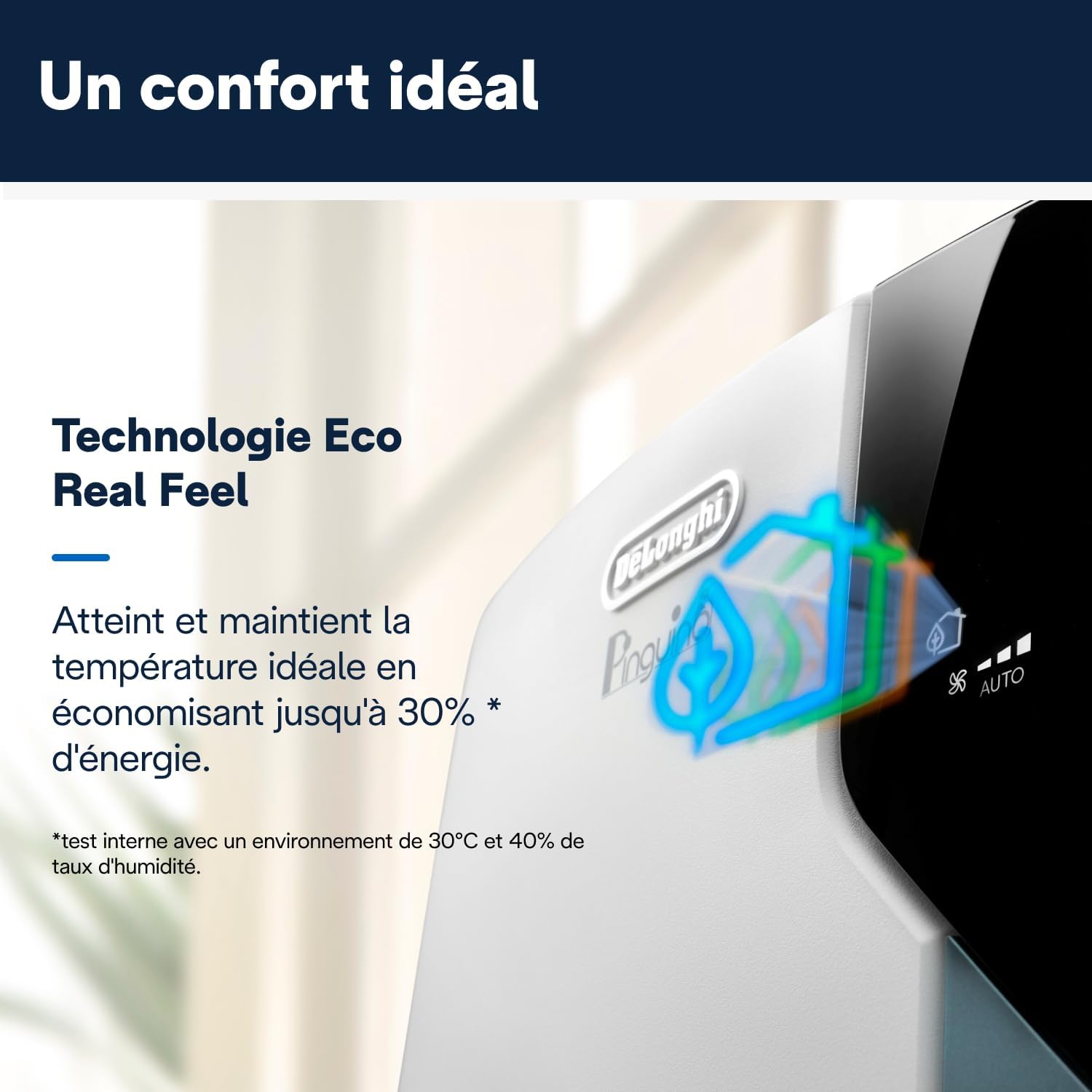 De'Longhi Pinguino PAC EX105 Climatiseur mobile avec technologie EcoRealFeel 10 000 BTU/h, pour pièces jusqu'à 100 m³, fonction déshumidification et ventilation, minuterie 24 heures, classe