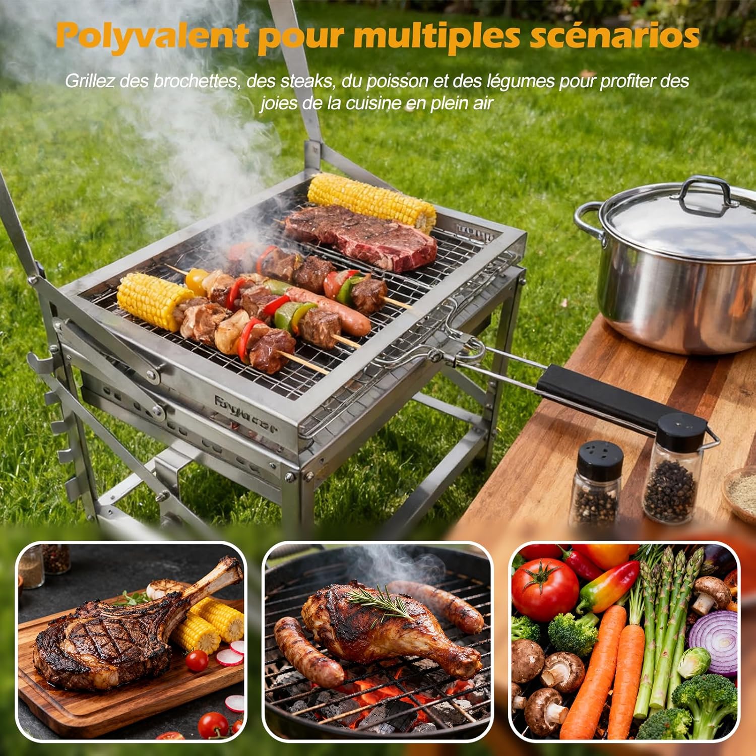 Ergocar Barbecue à Charbon Bois d'Extérieur Multifonctionnel Et Portable Rotatif Avec Plateau à Charbon Réglable à 4 Niveaux Idéal Pour Pique-Niquer Camper Et Faire Des Grillades En Plein Air