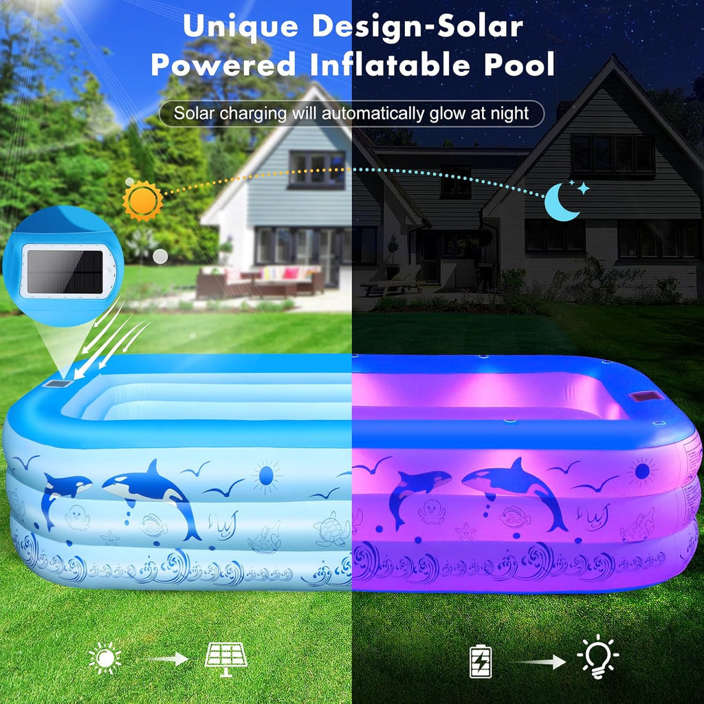LanOcean Piscine Gonflable Adulte avec Lumières, Solaire Familiale Piscines Gonflables Rectangulaire avec 12 Mode D'éclairage,240x150x55CM Grande Piscine Gonflable Enfant, Pataugeoire Bebe pour Jardin