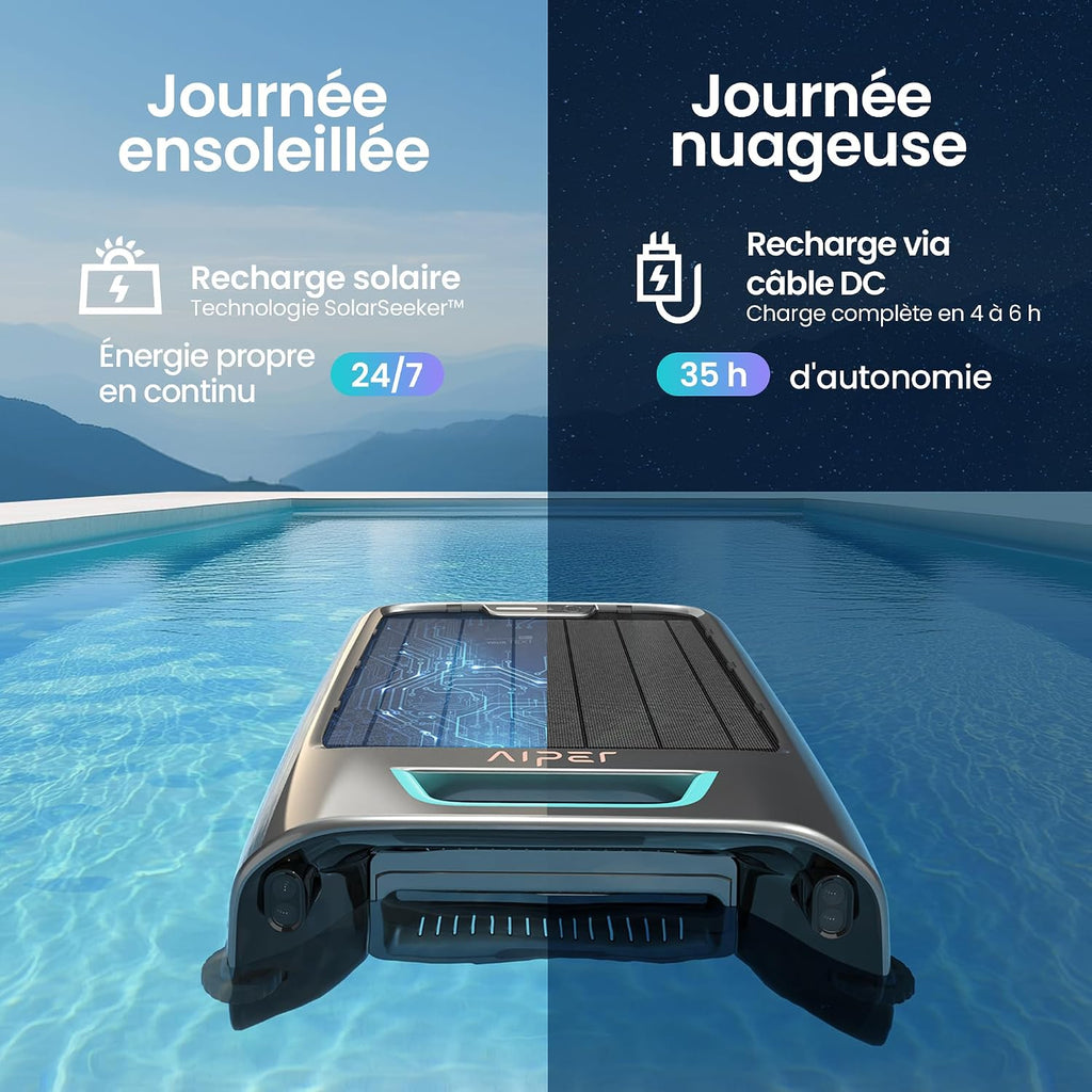 AIPER EcoSurfer S2 Robot Skimmer de Piscine Solaire, Robot Piscine sans Fil avec Application, Nettoyage de Surface 24/7, Charge Solaire & Secteur, Détection Intelligente d'obstacles, Filtre 150 µm