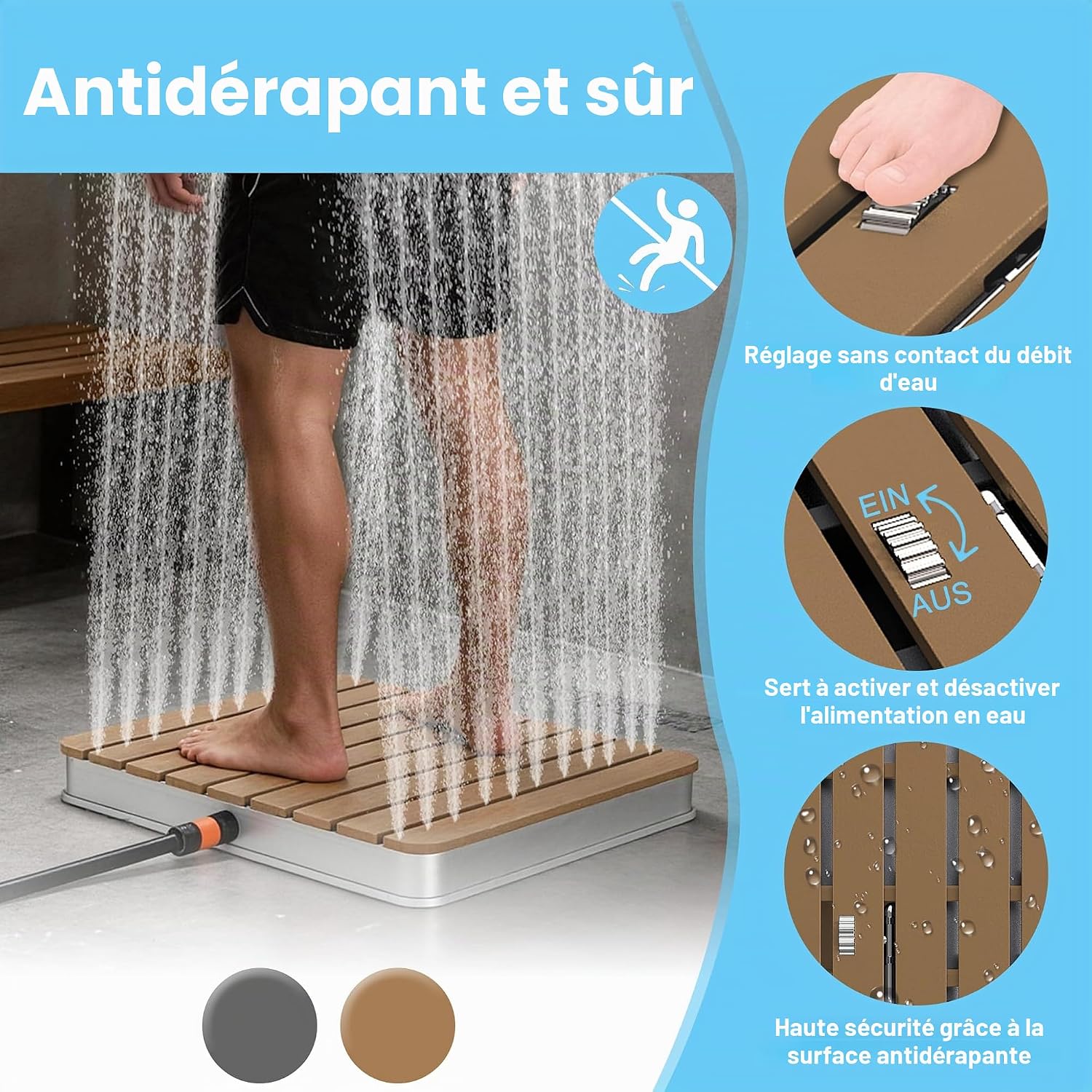 UISEBRT Douche de jardin en WPC et aluminium - Douche au sol mobile Douche solaire Douche de camping - Hauteur de jet réglable jusqu'à 4m - pour piscine Jardin Terrasse (Rectangulaire - Brun)
