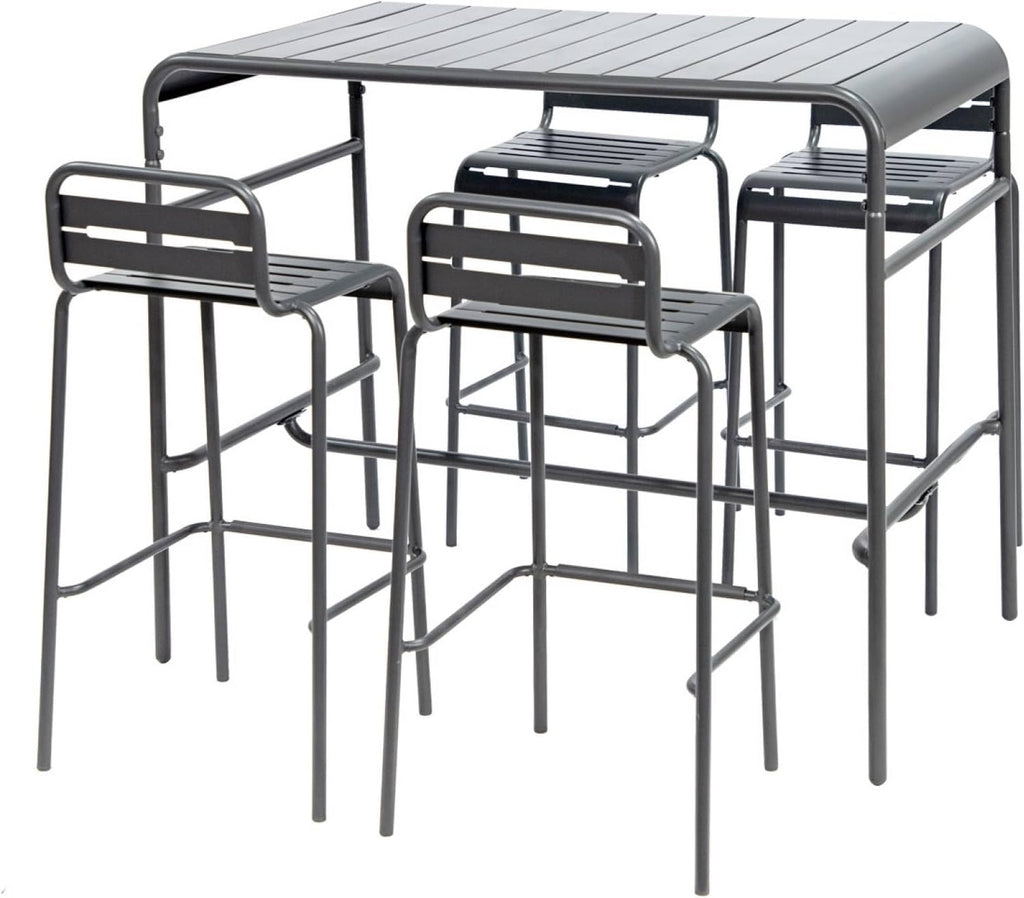 sweeek - Table Haute de Jardin Acier + 4 assises Amelia Anthracite. 4 chaises Hautes en Acier. 120 x 70cm x 95cm
