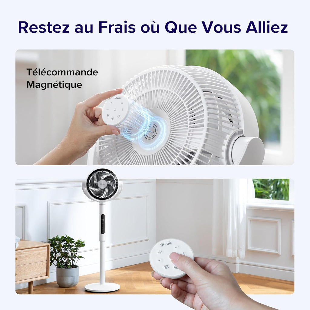 LEVOIT Ventilateur sur Pied 20 dB Silencieux, Puissant 2465 m³/h, Flux d'air 7.5 m/s, avec Télécommande, Oscillant 90°+120°,4 Modes 12 Vitesses, Minuterie 12h, Réglage Hauteur Circulation d'Air