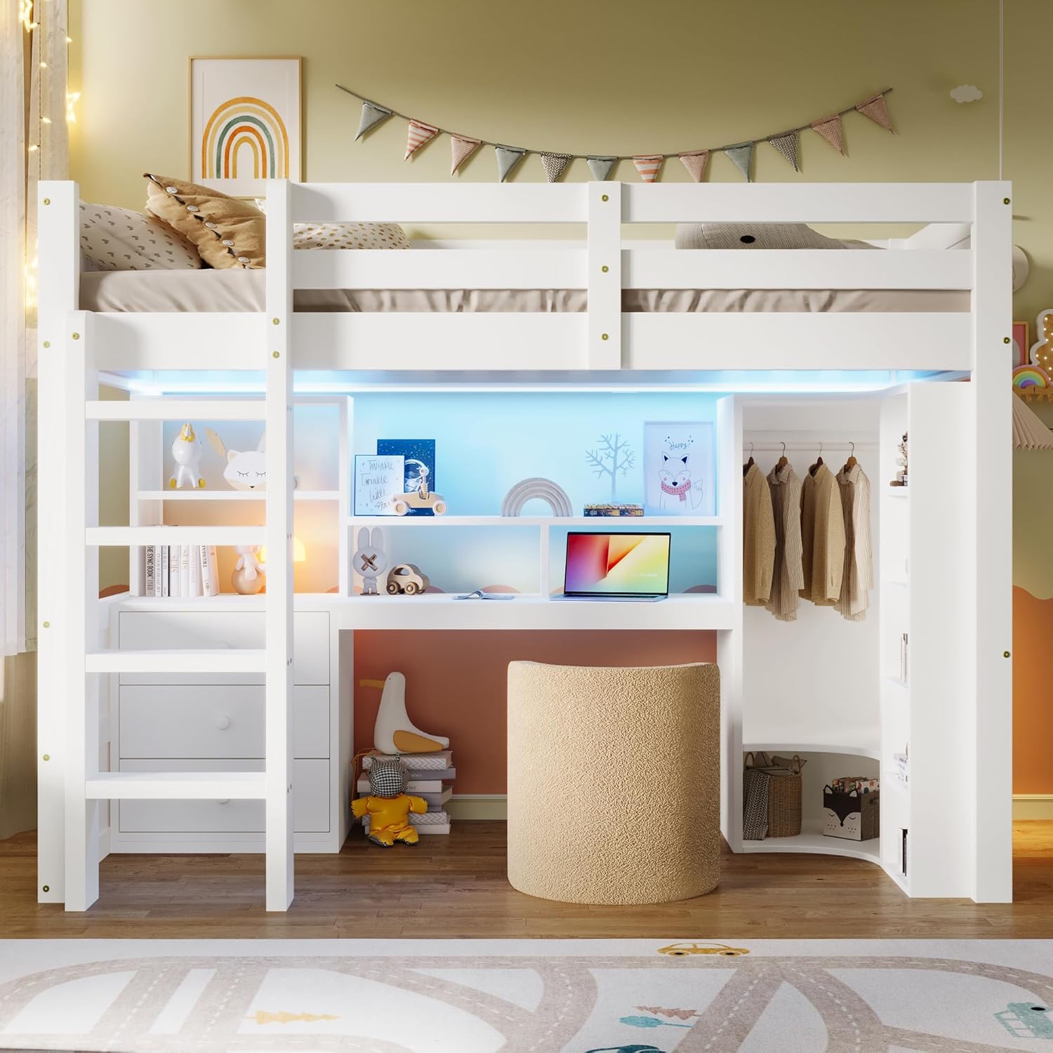 Lit Mezzanine 90x200 cm, Lit Superposé Enfant et Adulte avec Bureau, Lumières LED, Armoire, Échelle, 4 Tiroirs et Rangements, Blanc et Bois lit Mezzanine (90x200 cm)