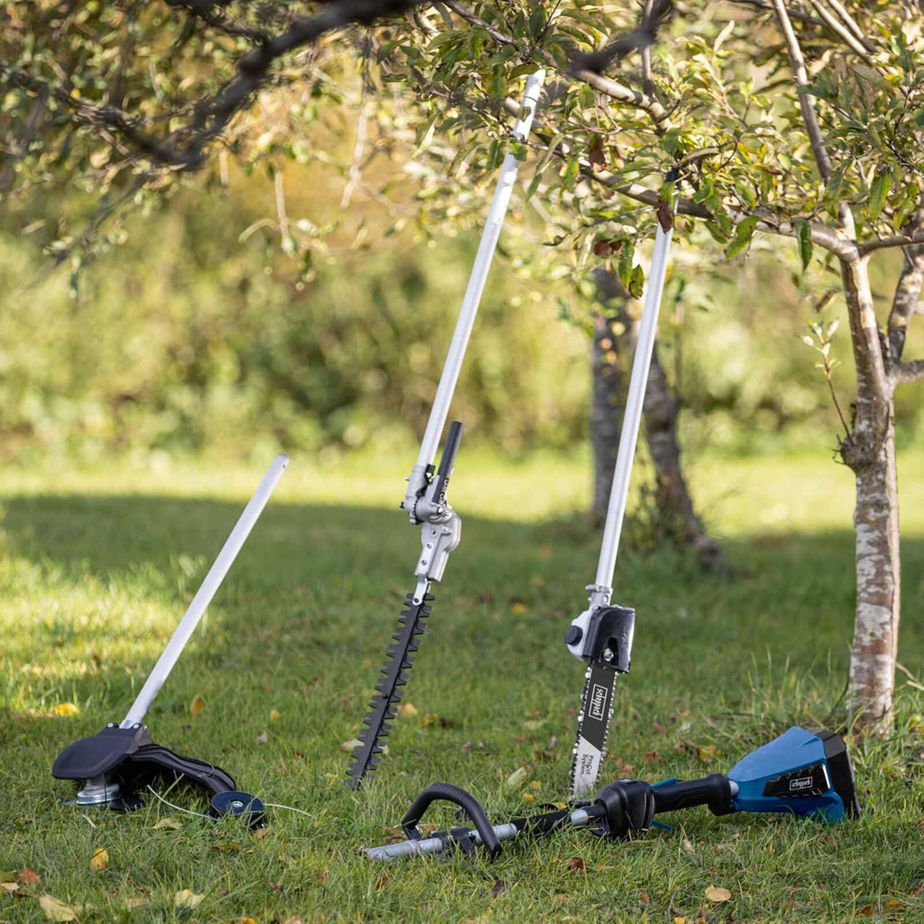 Scheppach Appareil multifonction 4 en 1 BC-MFH400-X 20V Brushless Multigarten, débroussailleuse, taille-haie, haute série 20V-IXES | avec batterie de 2 Ah et double chargeur