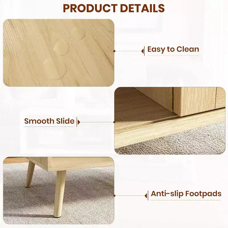 39.4 Table basse bohème en rotin, table de salon moderne en bois avec porte coulissante et étagère de rangement ouverte, patins antidérapants