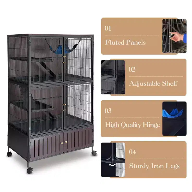 Small Animal Cage, Ferret Cage - 59'' 5-Tier Habitat with Storage Cabinet, Includes Hammock/Wheels/Removable Ramps/Easy-Clean Trays