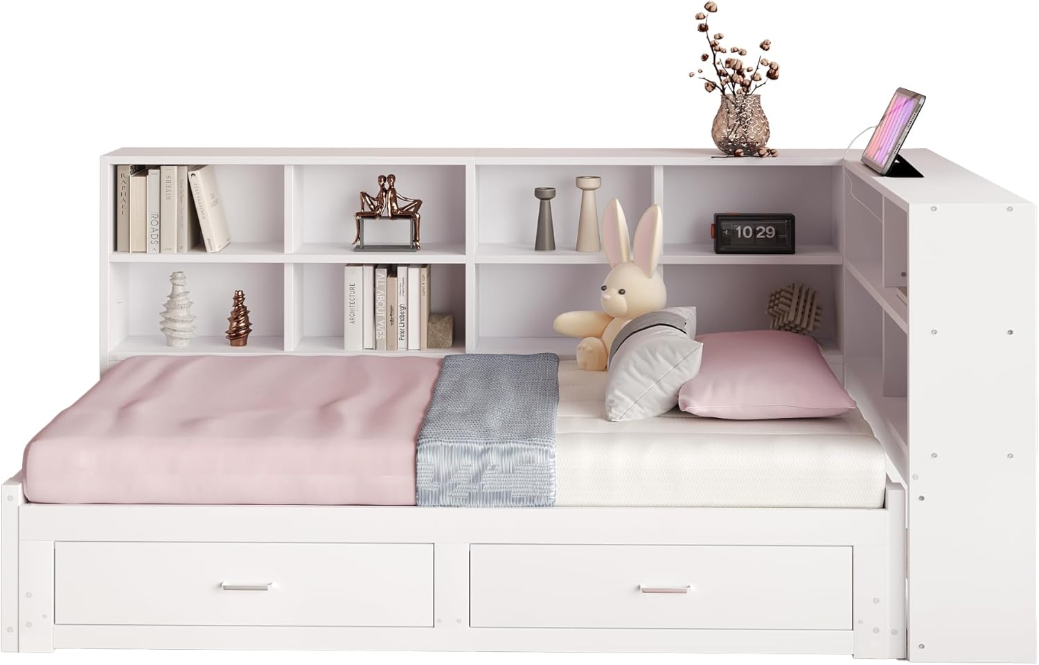 Lit Gigogne 90x190 cm + 180x190 cm - Lit en Bois avec Rangement et Prise Intégrée, Structure Pin et MDF, Matelas Non Inclus - Blanc