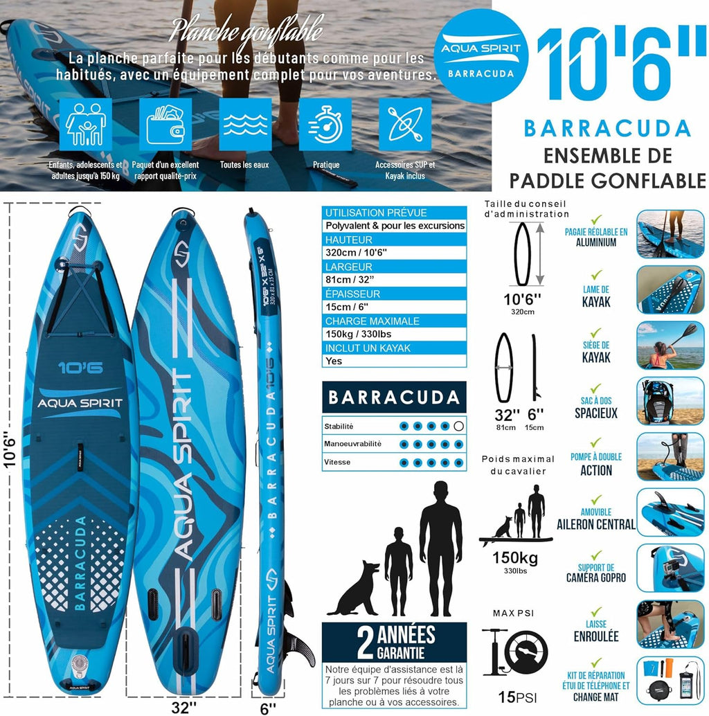 Aqua Spirit Sup Planche à pagaie Gonflable Stand Up 2023 3 m / 10 m / 10 m / 10/12 pi 6/15 pi / 18 po Kit Complet de Conversion de Kayak avec pagaie, Sac à Dos, Pompe et Autres Accessoires