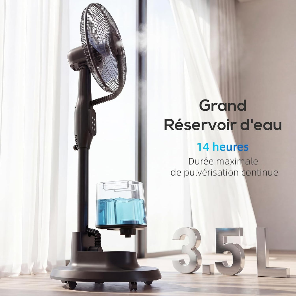 HOMCOM Ventilateur brumisateur silencieux 90 W, ventilateur sur pied 128 cm, oscillation 70°, 3 vitesses, 3 modes, réservoir d'eau 3,5 L, télécommande, minuterie 8 h, pour maison, bureau, noir