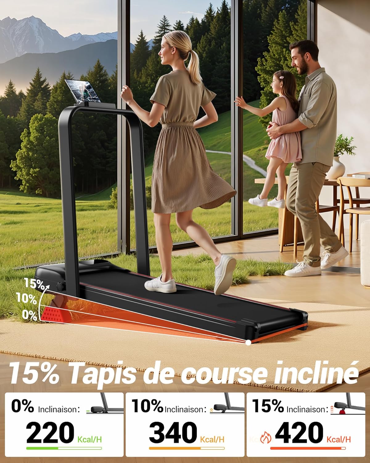 UMAY Tapis de Course Pliable Inclinable 15%, Tapis de Marche Inclinable 6 en 1 avec Moteur Silencieux, Walking Pad,136KG
