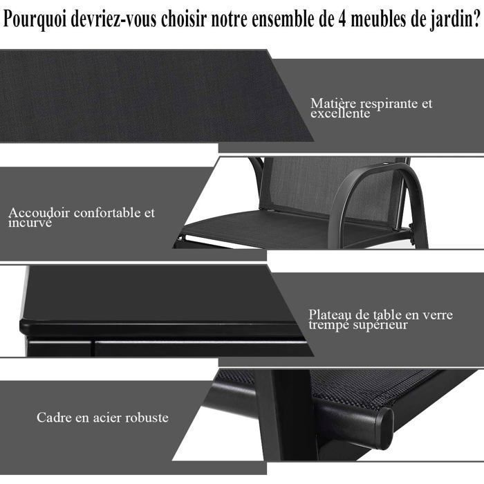 COSTWAY Ensemble Salon de Jardin 4 Places, 2 Fauteuils, 1 Canapé et 1 Table Basse en Verre, Tissu Respirant Anti-UV, Noir