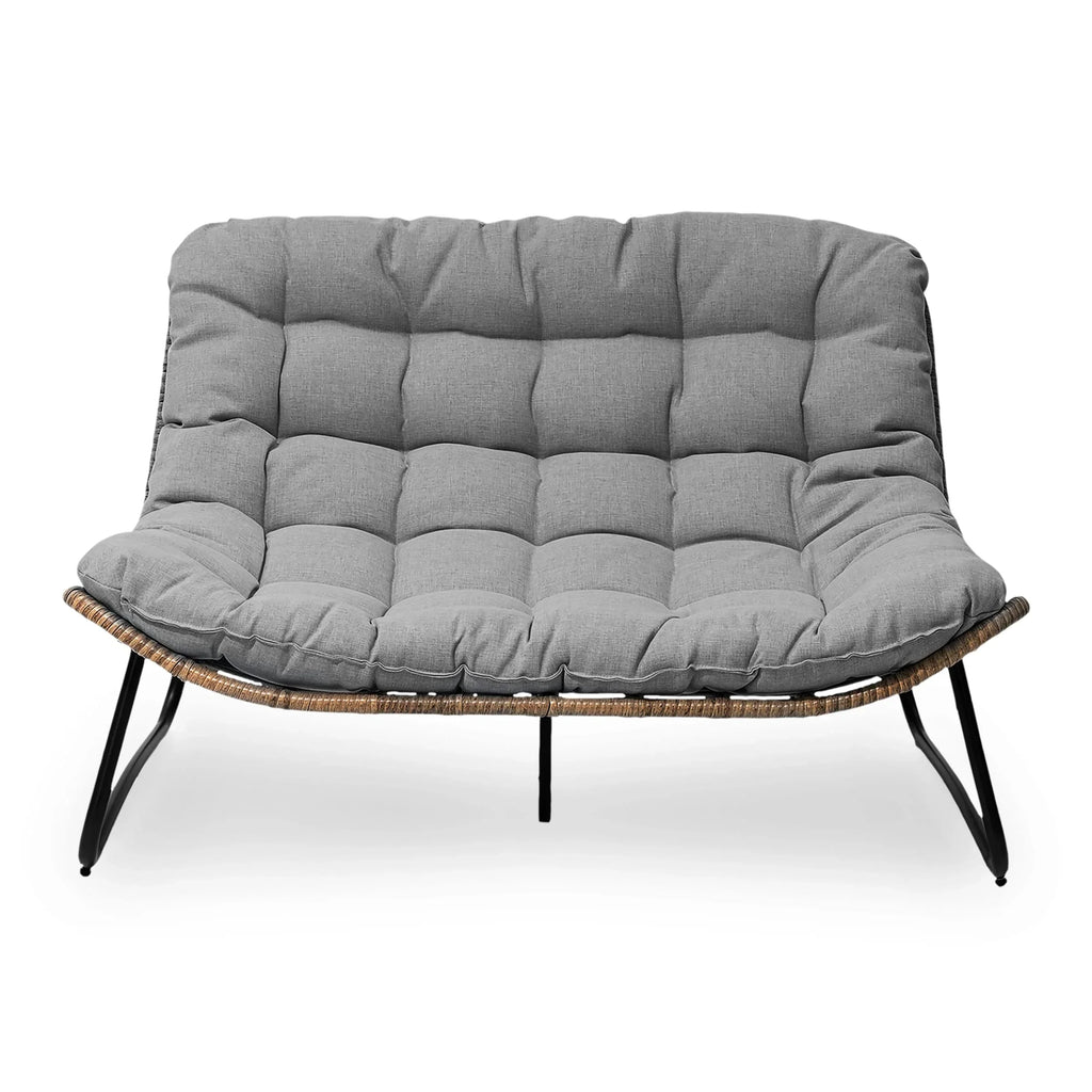 Causeuse double Papasan avec coussin, rotin PE tout temps et cadre en métal pour l'intérieur et l'extérieur