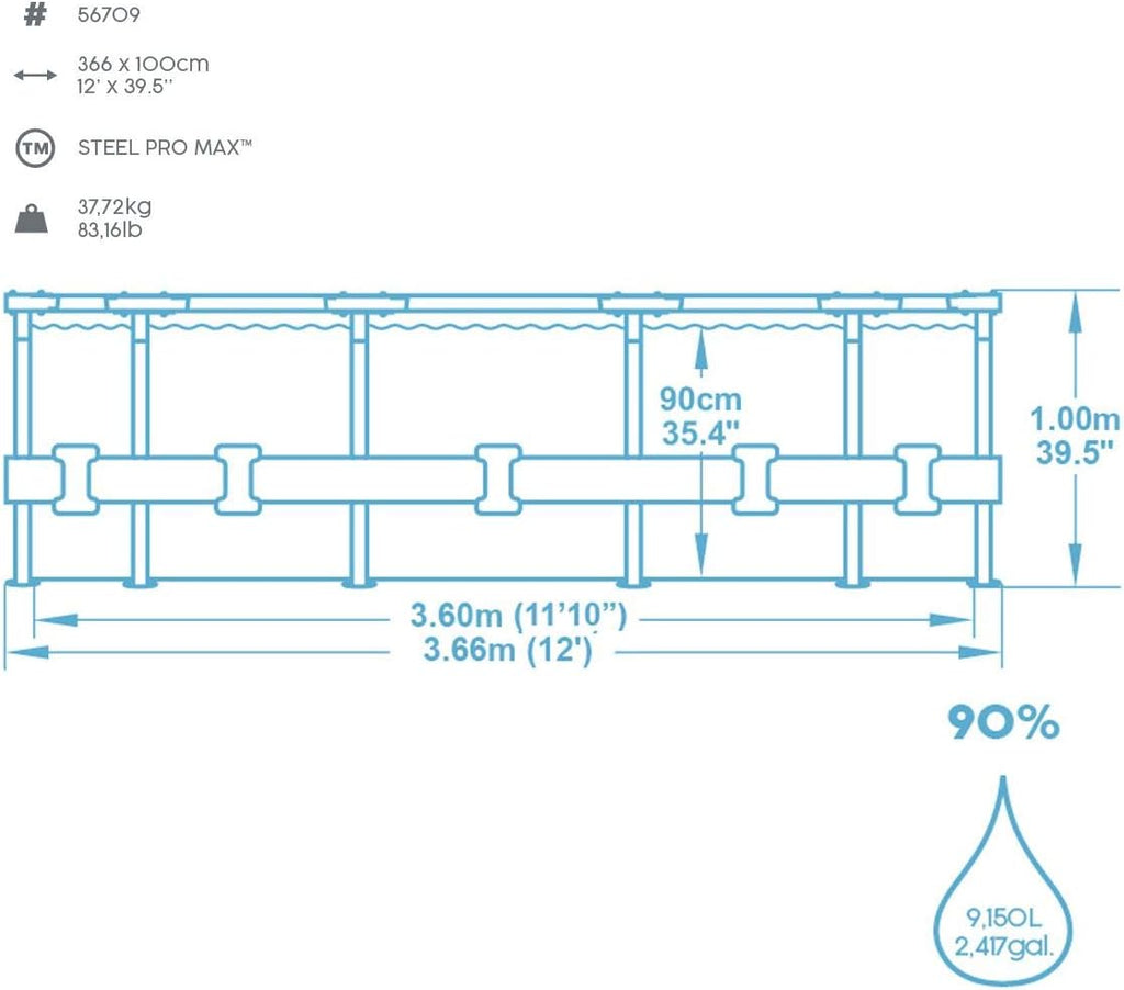 Bestway 56709 Piscine Hors Sol Power Steel™ Effet Rotin Diamètre 366 X 100 cm, Filtre à Cartouche, Échelle