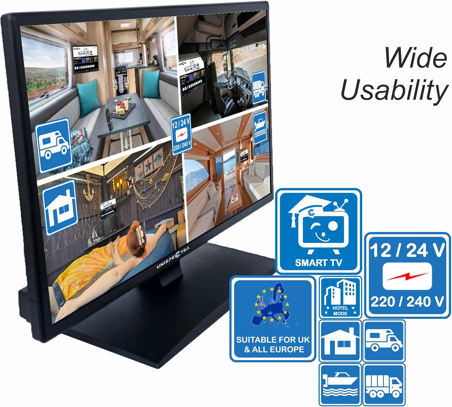 Unispectra WebOS Smart TV 22" 12 V ELED Full HD 240 V TV Freeview & SAT Tuner 3 x HDMI, 2 x USB, Magic Remote. Téléviseurs pour camping-cars, caravanes, camions et camionnettes