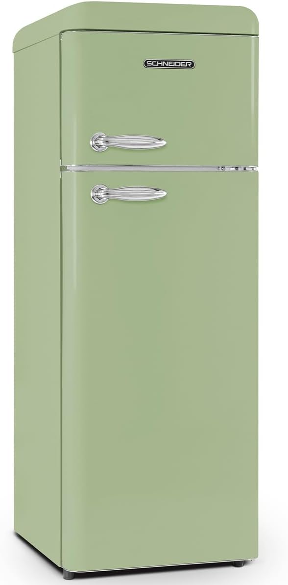 SCHNEIDER SCDD208VVA, Réfrigérateur 2 portes, 211L (172+39), Froid statique, Dégivrage automatique, 3 clayettes verre, Thermostat réglables, Pieds réglables,Vert amande