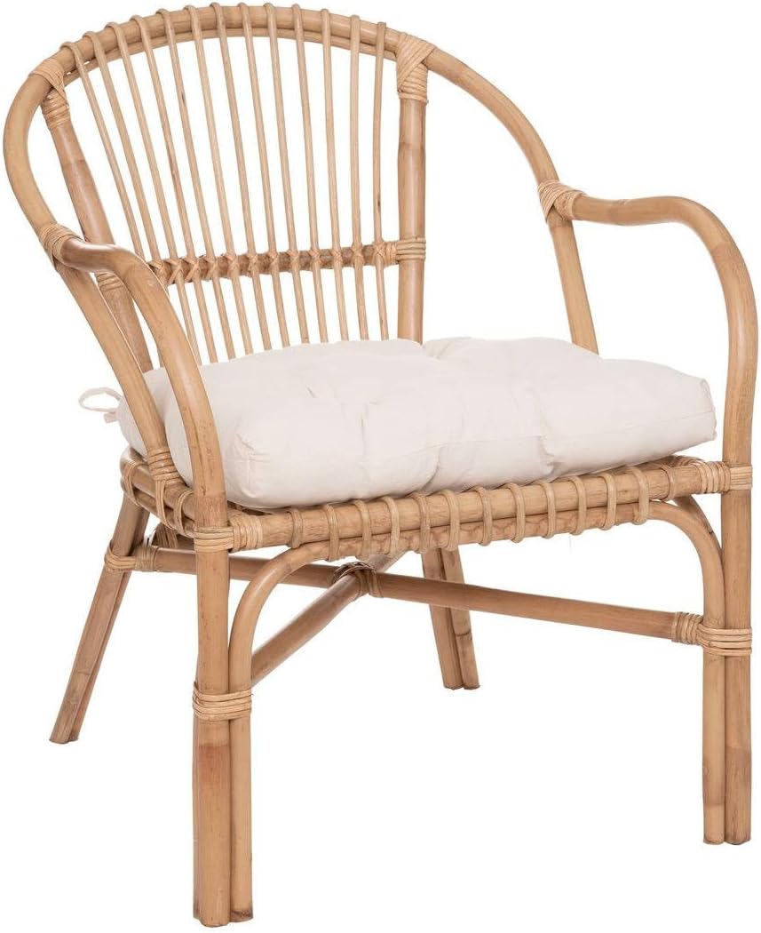Atmosphera - Fauteuil Neta en Rotin Naturel et Coton - Blanc - 60 x 68 x 77 cm - Assise Confortable - pour Salon, Chambre, Véranda