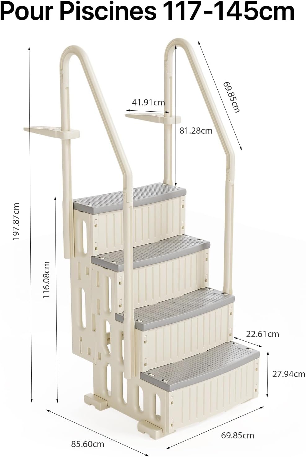 BONNLO Échelle de Piscine Antidérapante PE, Escalier de Piscine, Adaptée aux Piscines Hors Sol et Creusées Intérieur Extérieur, Blanc Cassé (Blanc + Pédale Grise, 4)