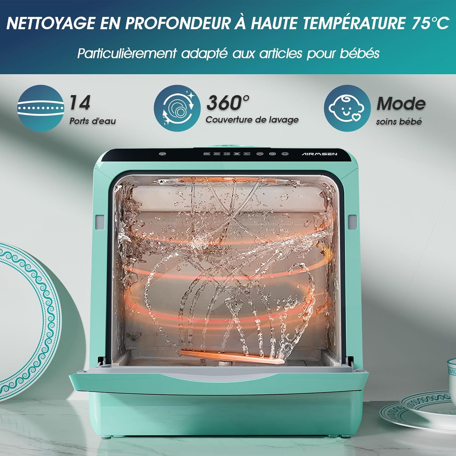 AIRMSEN Mini Lave-Vaisselle de Comptoir, 5+1 Programmes, Réservoir d'Eau de 5L, Contrôle Tactile et Écran LED, Adapté pour les Cuisines Familiales, Appartements et Dortoirs, Vert