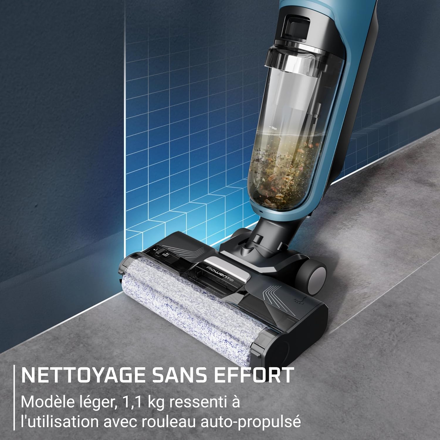 Rowenta X-Clean2, Aspirateur Laveur sans Fil, Nettoyage 2-en-1, Modes ECO/Max, Léger, Nettoyage Le Long des Murs, Auto-Nettoyage, GZ2271E0, Bleu