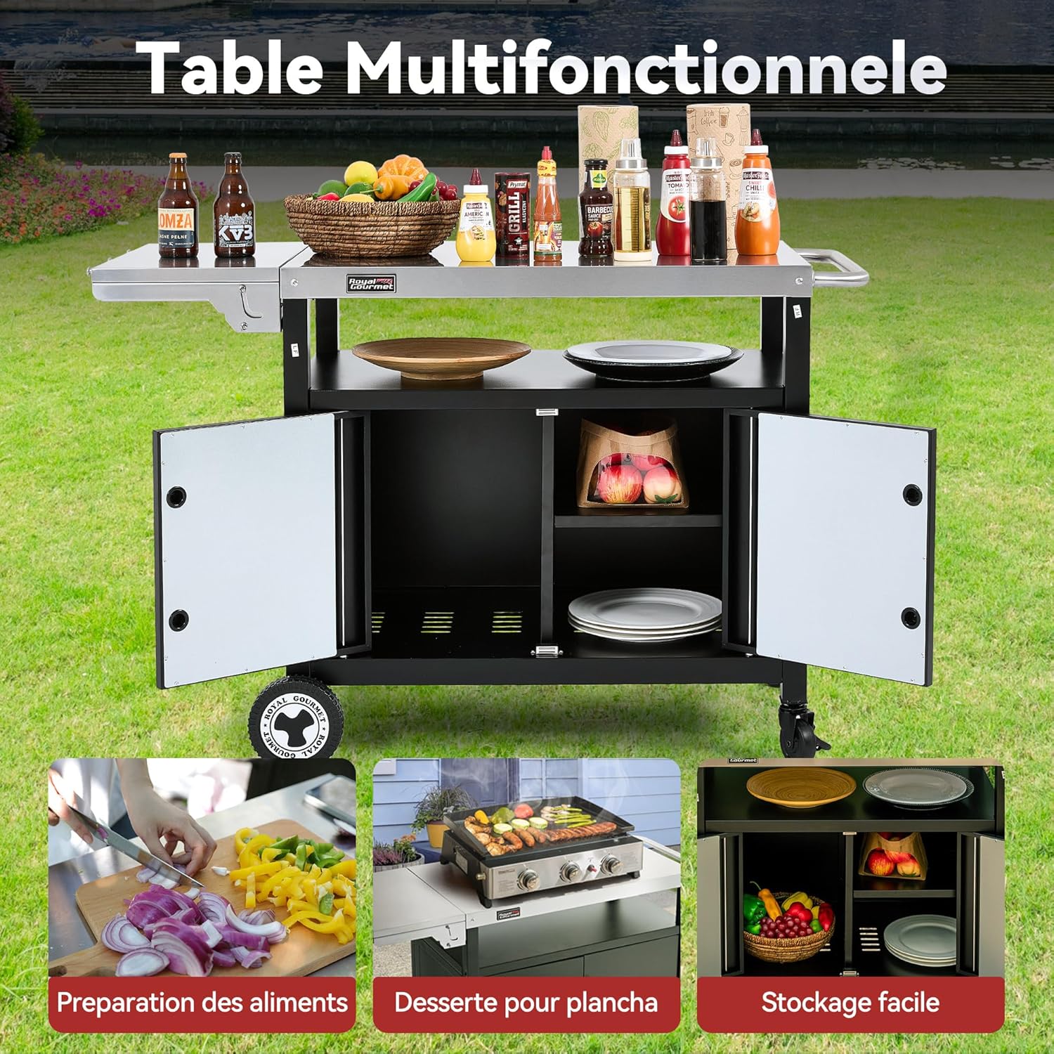Royal Gourmet Chariot de Barbecue avec Porte d'Armoire, Desserte Extérieure pour Plancha avec Dessus de Table en Acier INOX 85 x 50cm et Table d'Appoint Pliable de 30 x 50cm, pour Cuisine et Jardin