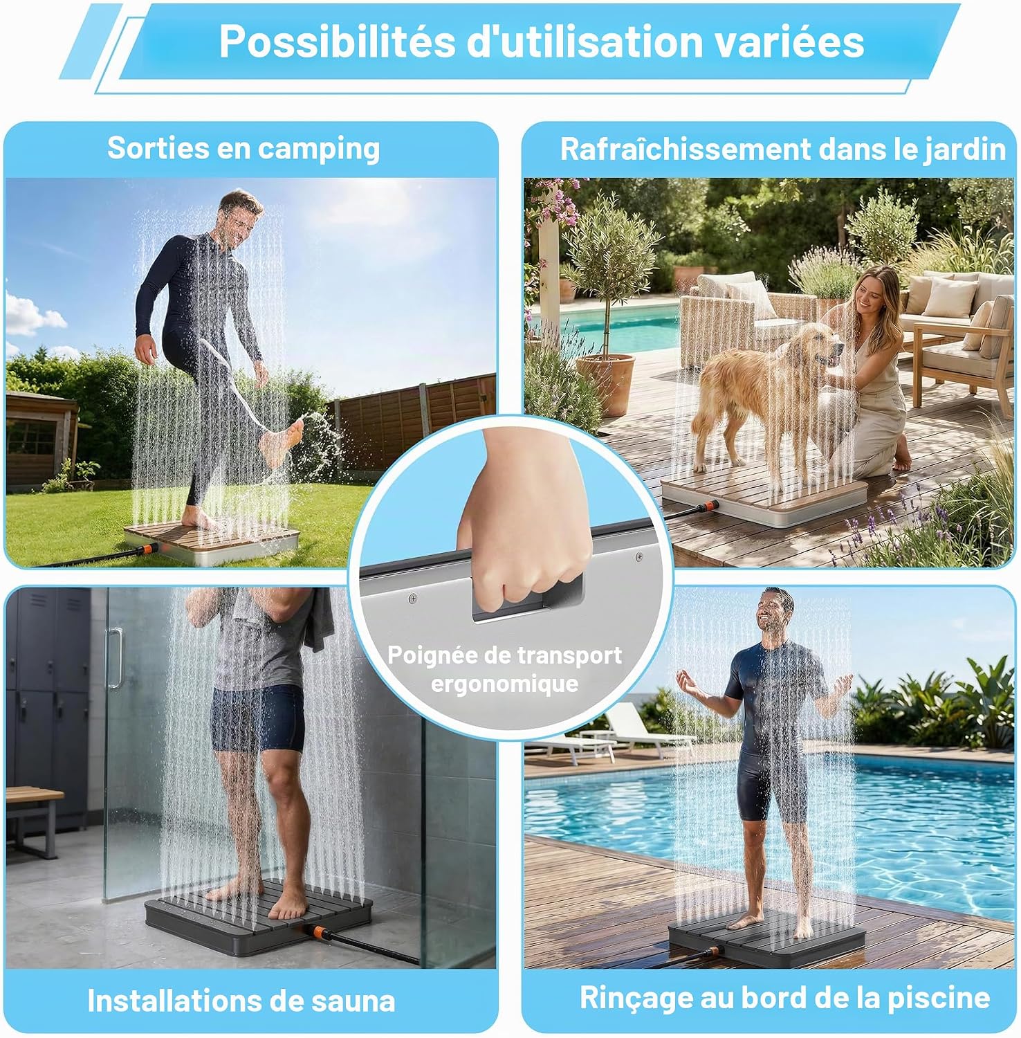 UISEBRT Douche de jardin en WPC et aluminium - Douche au sol mobile Douche solaire Douche de camping - Hauteur de jet réglable jusqu'à 4m - pour piscine Jardin Terrasse (Rectangulaire - Brun)