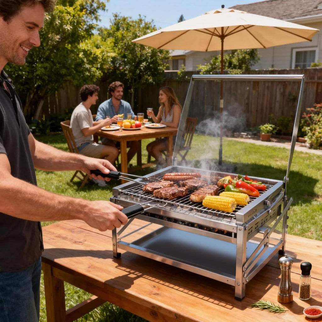 Ergocar Barbecue à Charbon Bois d'Extérieur Multifonctionnel Et Portable Rotatif Avec Plateau à Charbon Réglable à 4 Niveaux Idéal Pour Pique-Niquer Camper Et Faire Des Grillades En Plein Air