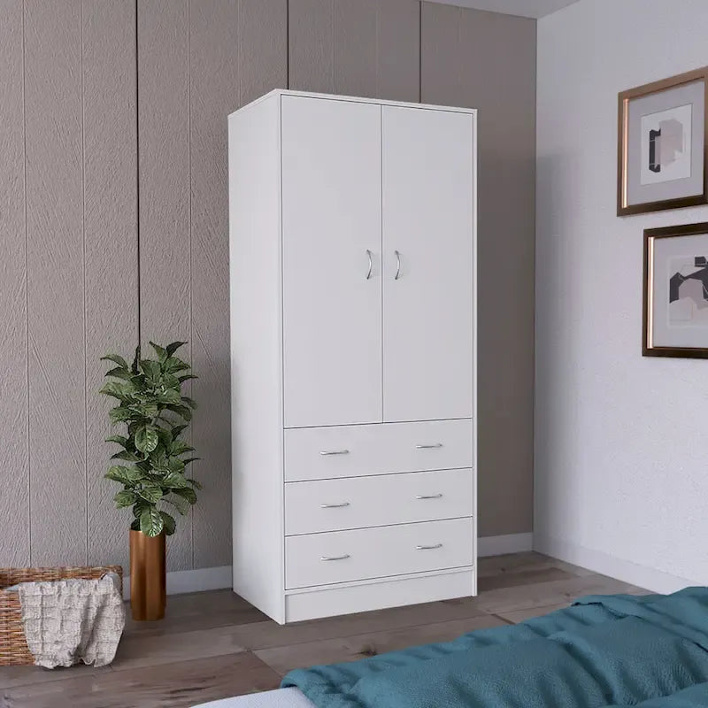 19  Modern Double-door Armoire with 3 Drawers and 1 Hanging Rod for Bedroom