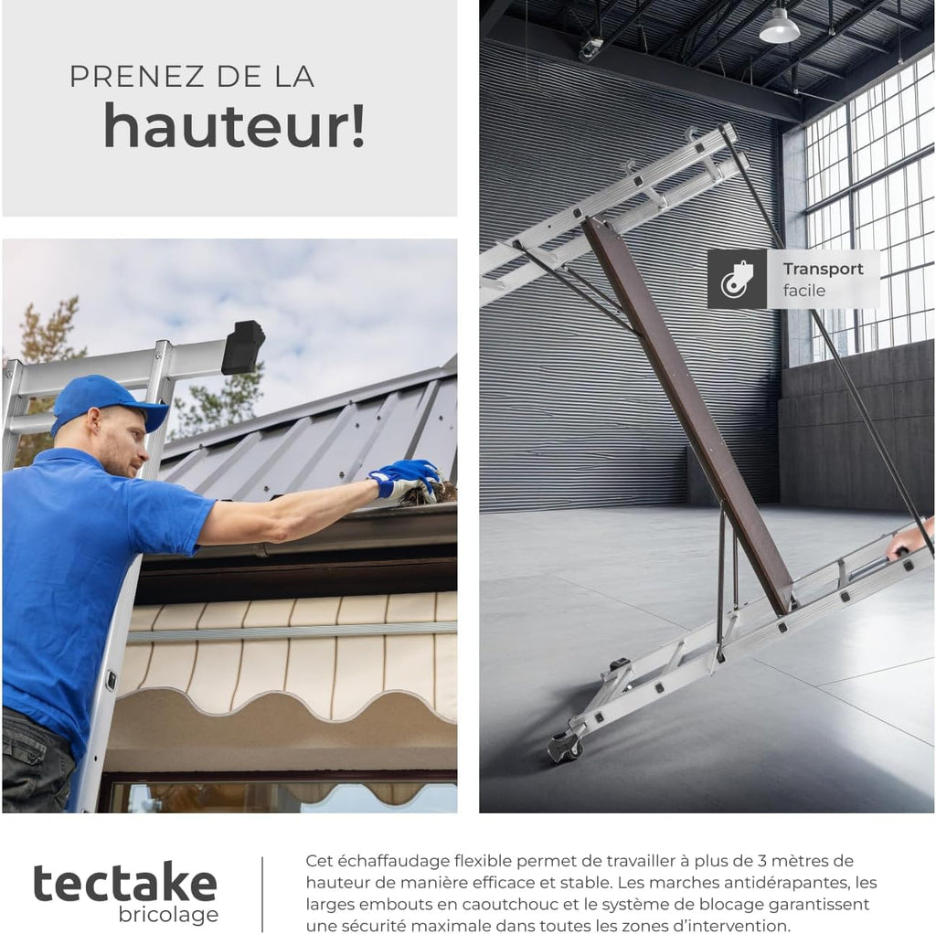 tectake® Échelle Multifonction 3 en 1 Échafaudage Roulant en Acier Plateforme de Travail Antidérapante Échelle Téléscopique Échelle Pliante Escabeau Pliant Bricolage Peinture Toiture