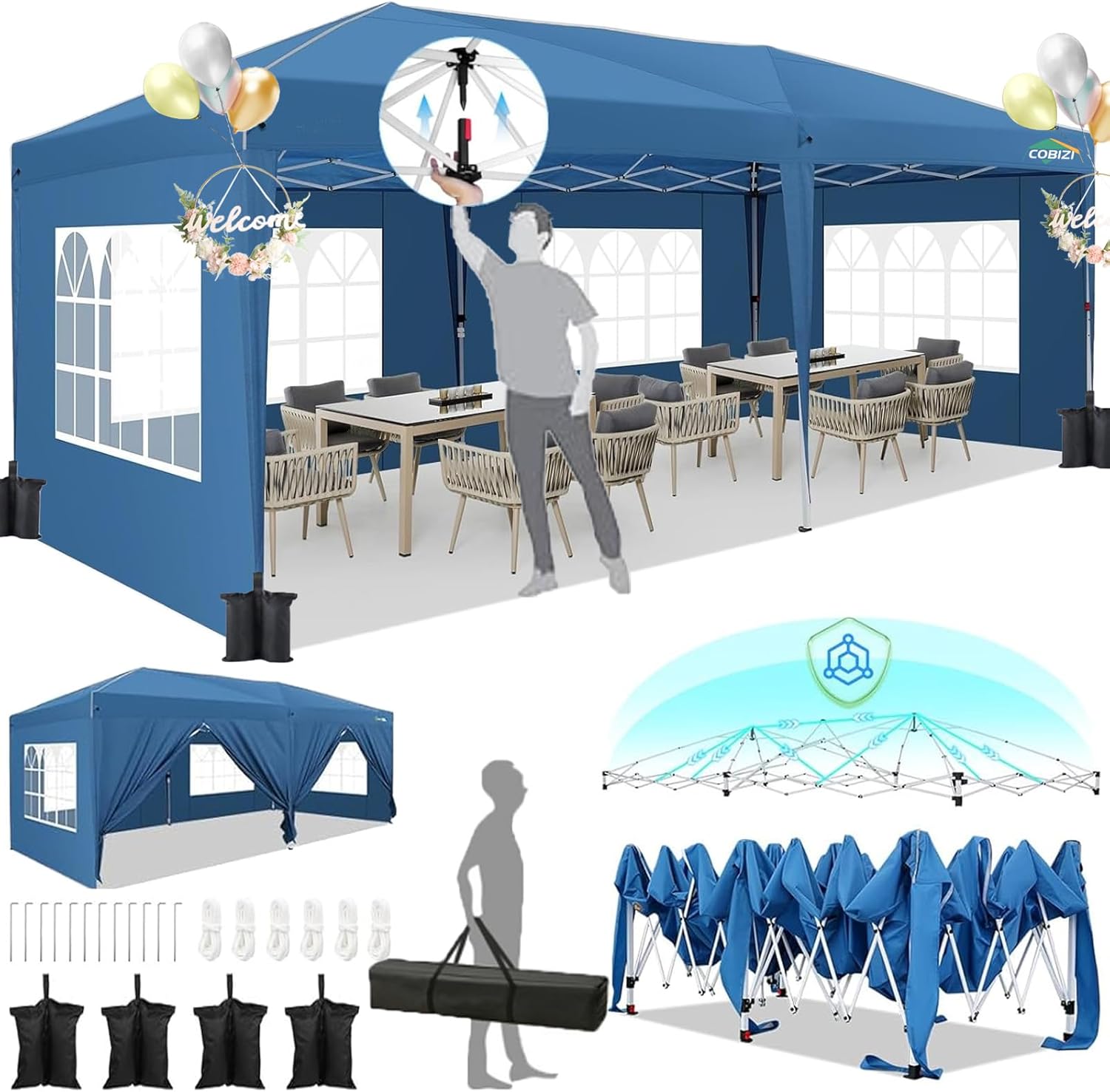 HOTEEL Tonnelle Pliante 3x6m étanche et Stable – avec 6 parois latérales, Construction en Une poussée, 8 Barres Pare-Vent – Tente de fête pour Mariage, Camping(Bleu)