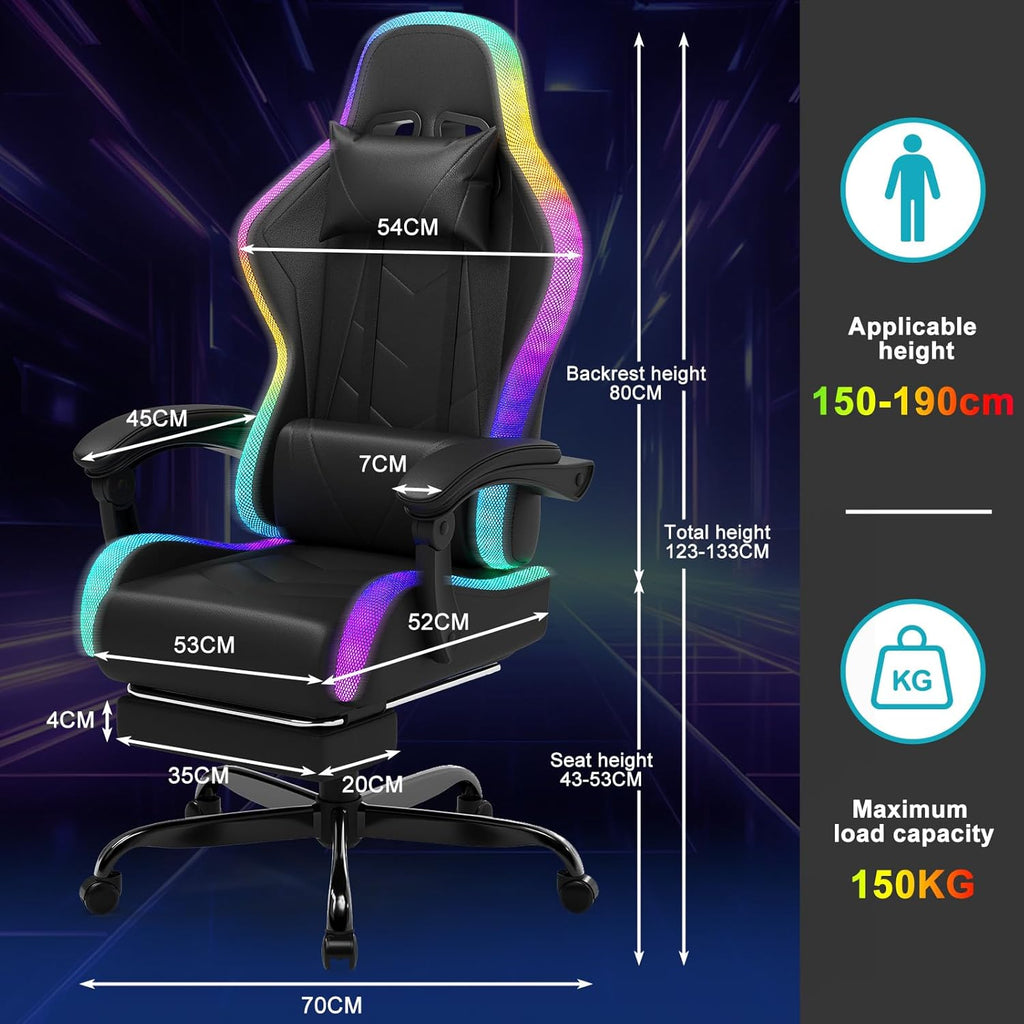 Devoko Chaise Gaming Ergonomique avec LED RGB, Massage Lombaire & Repose-Pieds – Fauteuil Gamer avec Appui-tête réglable – Dossier inclinable & Hauteur Ajustable – 180 kg – Noir