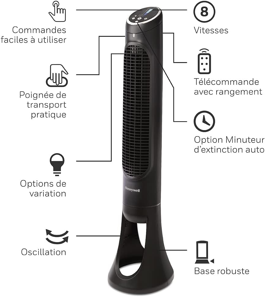 Honeywell HYF290E4 Ventilateur Tour QuietSet Puissant et Ultra Silencieux-avec télécommande-HYF290E, Noir