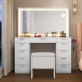 Grande Coiffeuse avec éclairage LED réglable et Prises électriques, Coiffeuse avec Miroir, Toit en Verre Transparent, 11 tiroirs et Tabouret, Blanc