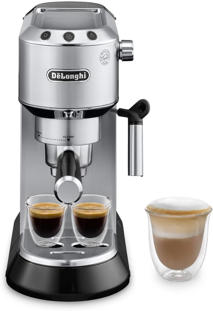 De'Longhi Dedica Espresso Machine, Coffee and Cappucino Maker with Milk Frother, Metal / Stainless, Compact Design 6 in Wide, Fit Mug Up to 5 in, EC680M