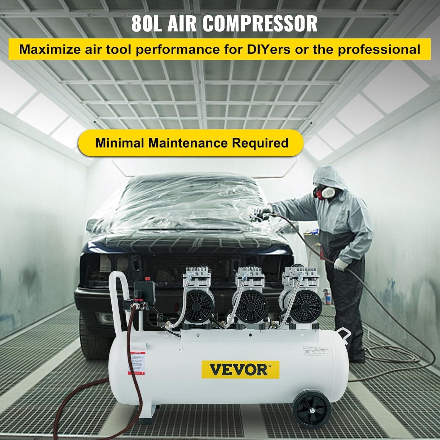 VEVOR Compresseur d’Air sans Huile Compresseur Silencieux à Air Comprimé Compresseur Outil d’Atelier pour Réparations Domiciliaires, Gonflage de Pneus (100L 2.2KW, Électrovanne)