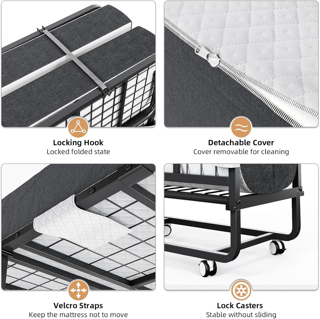 CAIYUN Lit Pliant 1 Personne 100 x 190 cm Lit Pliable Adulte avec Matelas en Mousse de 13 cm, Lit d'Appoint Pliable à 4 roulettes et Sommier à Lattes en Métal pour Invités, Charge 200 kg, Noir