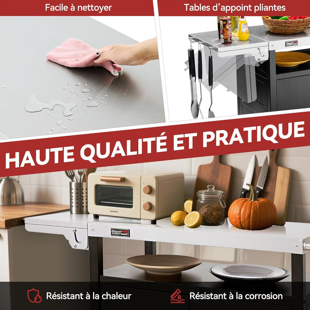 Royal Gourmet Chariot de Barbecue avec Porte d'Armoire, Desserte Extérieure pour Plancha avec Dessus de Table en Acier INOX 85 x 50cm et Table d'Appoint Pliable de 30 x 50cm, pour Cuisine et Jardin