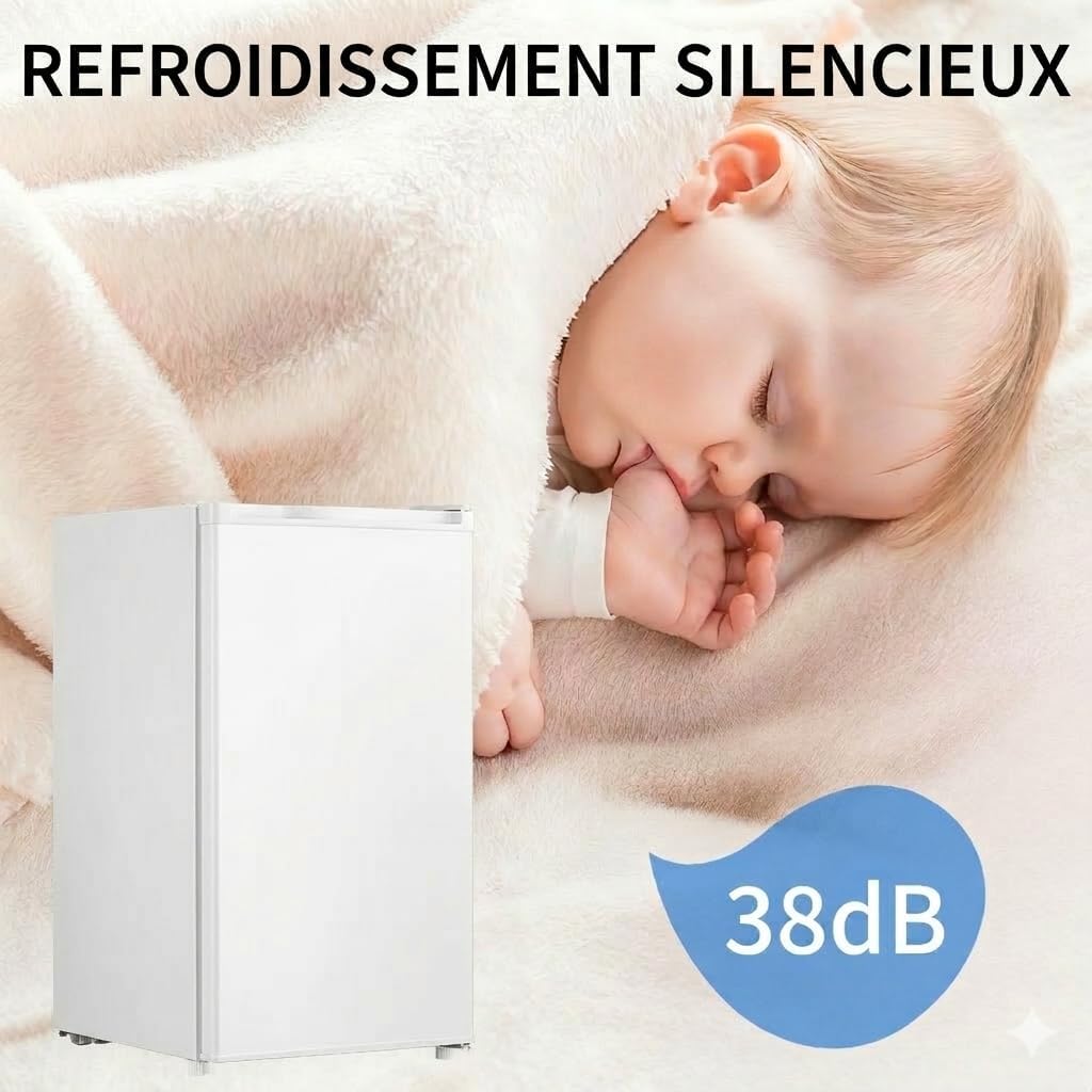 Mini réfrigérateur 90,8 L avec congélateur à porte simple, thermostat à 7 réglages. Économe en énergie et silencieux, modèle compact idéal for bureau, chambre et dortoir, couleur blanche