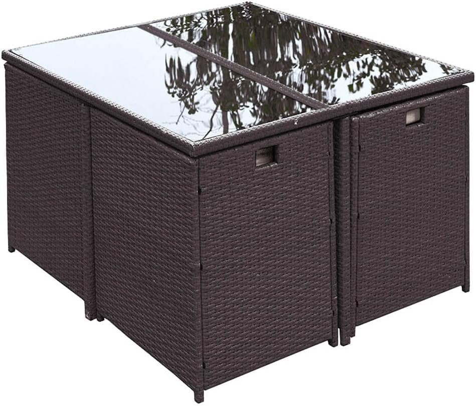 CONCEPT USINE - Salon De Jardin Florida 8 Personnes en Résine Tressée Marron - 1 Table en Verre - 4 Fauteuils - 4 Poufs - Coussins Blanc - Encastrable, Résistant, Imperméable