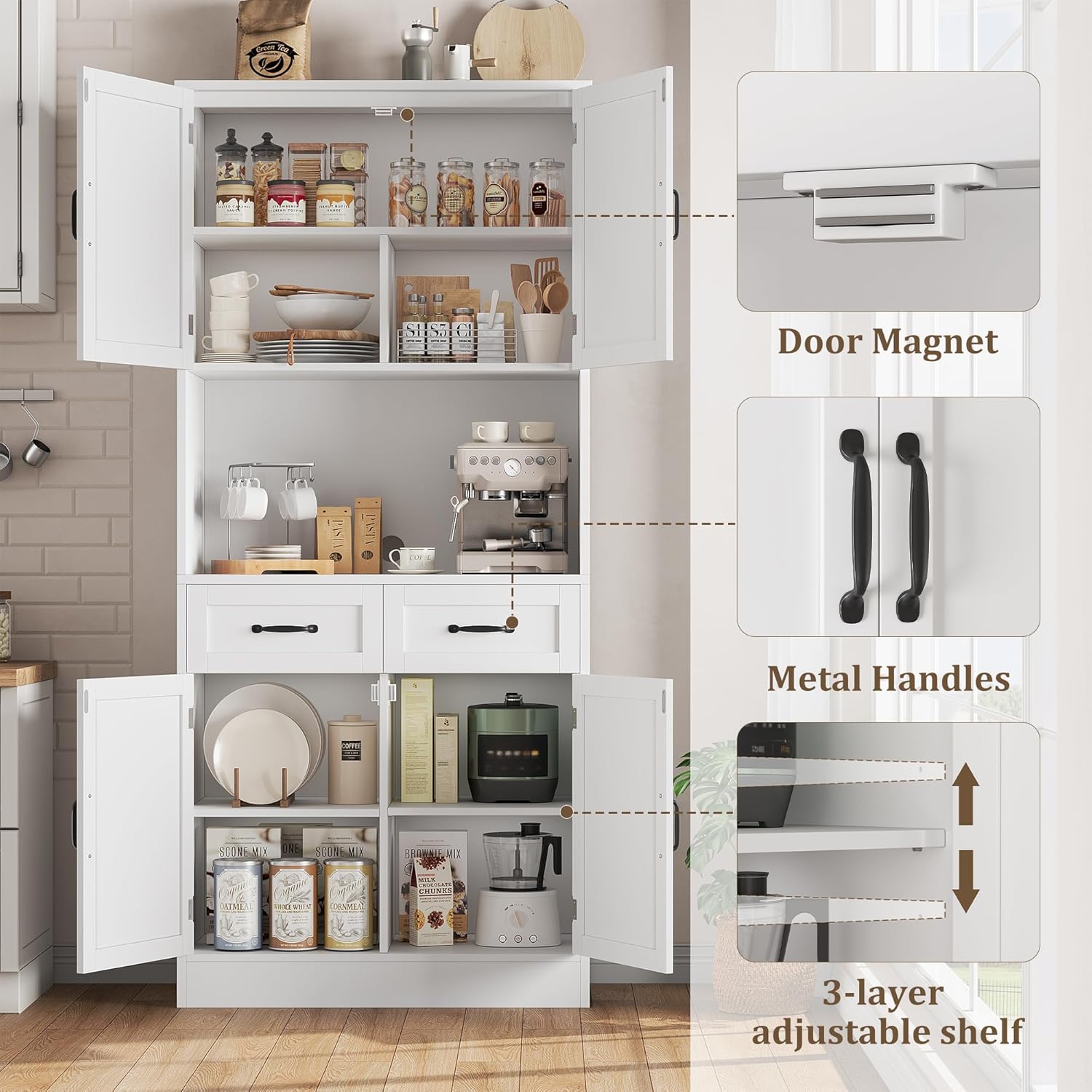 HOCSOK Buffet Haut Cuisine, 180 cm Armoire Cuisine avec 4 Portes et 2 Tiroirs, Meuble de Rangement avec Etagères Réglables, Vaisselier Vitrine, Blanc