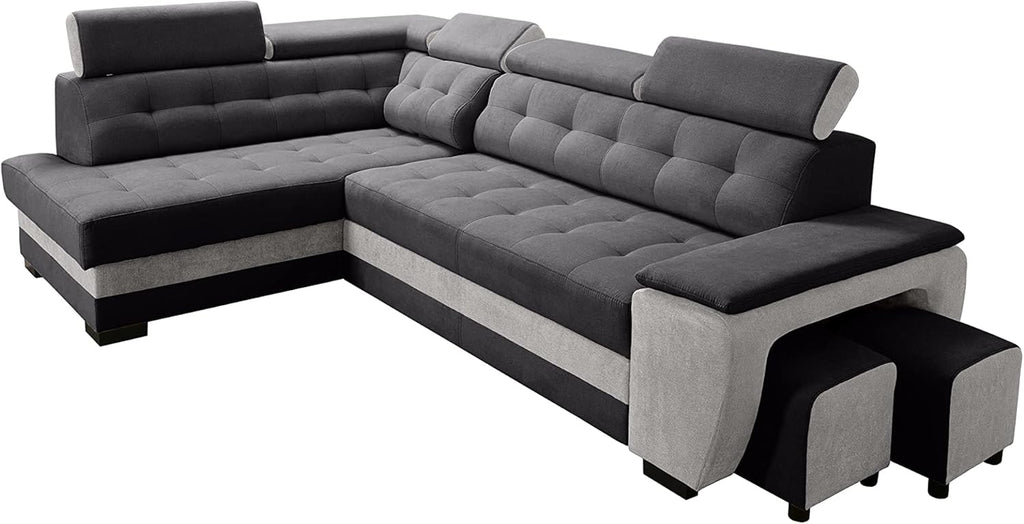 Robin Grand canapé d'angle Convertible avec Coffre de Rangement et Deux tabourets - Canapé d'angle autoportant en Forme de L - Appuie-tête réglables
