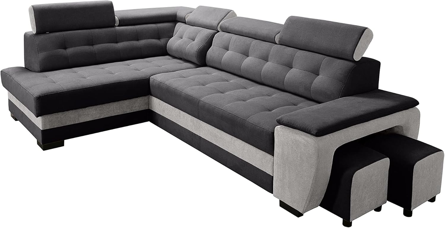 Robin Grand canapé d'angle Convertible avec Coffre de Rangement et Deux tabourets - Canapé d'angle autoportant en Forme de L - Appuie-tête réglables