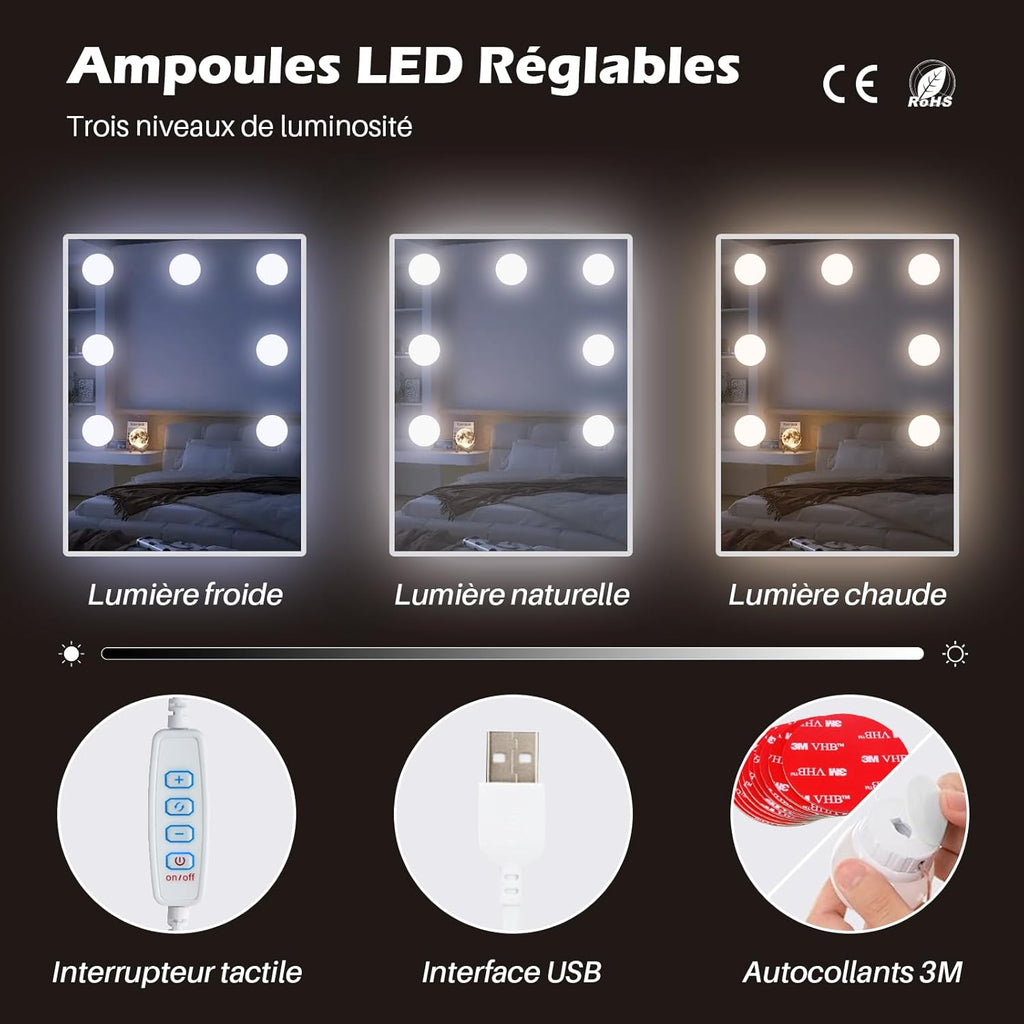 Coiffeuse avec Miroir Triptyque et Tabouret, Coiffeuse d'angle Miroir Tabouret 2 Compartiments 5 Tiroirs, Table de Maquillage Blanc Moderne Femme Cadeau avec LED