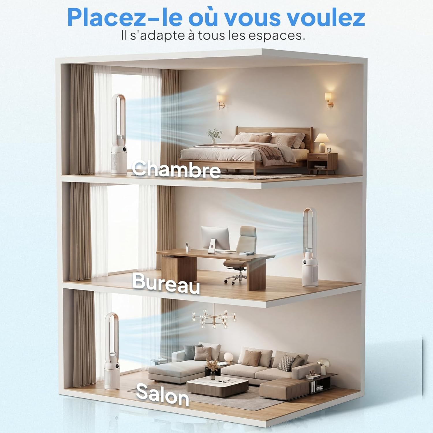 ROVSUN Ventilateur Colonne Purificateur d'Air, Ventilateur Sans Pales 110 cm, Humidification, Ions Négatifs, Stérilisation UV, 32 Vitesses, 4 Modes, 15H Minuteur, Oscillation 80°, Tactile+Télécommande