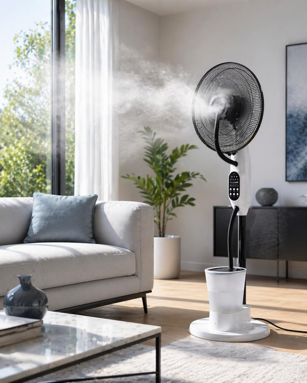 O'FRESH Ventilateur brumisateur sur Pied 125 cm – Puissant & Silencieux – Oscillation Automatique – 3 Vitesses – Intérieur – Idéal Maison, Bureaun Chambre - Rafraichit instantanémant