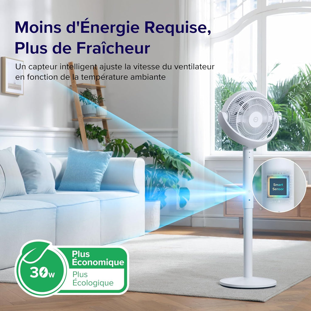 LEVOIT Ventilateur sur Pied 20 dB Silencieux, Puissant 2465 m³/h, Flux d'air 7.5 m/s, avec Télécommande, Oscillant 90°+120°,4 Modes 12 Vitesses, Minuterie 12h, Réglage Hauteur Circulation d'Air