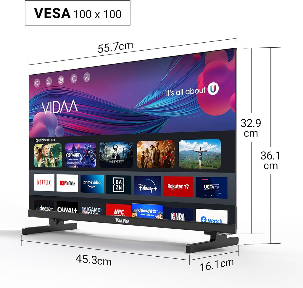 TuTu Smart TV 25 Pouces (64 cm) FHD LED WiFi Connectée Téléviseurs sans Bord VIDAA OS avec Triple Tuner, VIDAA Remote App, Molotov, Netflix, Prime Video, Disney+, Youtube, TUV25FQ1B